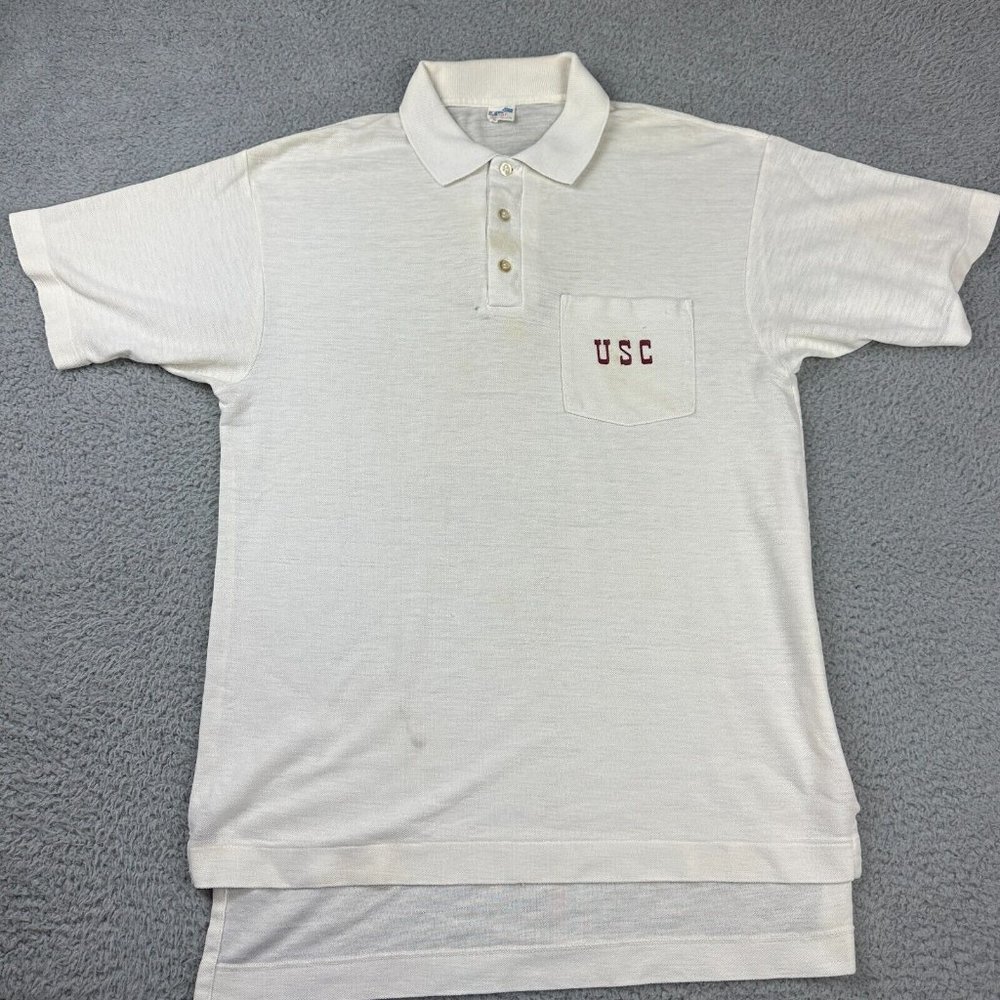 Vintage Champion‎ USC Front Pocket Casual Polo Shirt Men White Adult Large Used